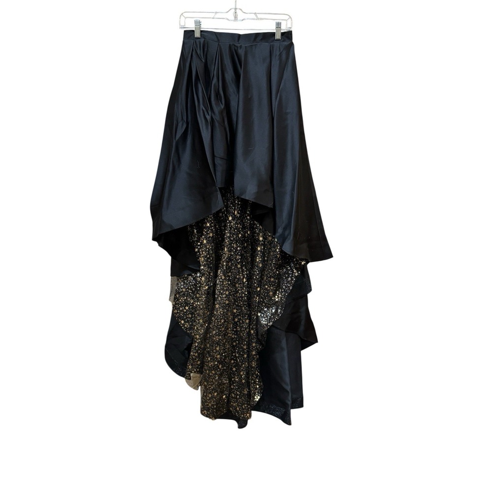 High Low Black Satin Skirt Celestial Tulle Lining Train Size Small Witchy Goth